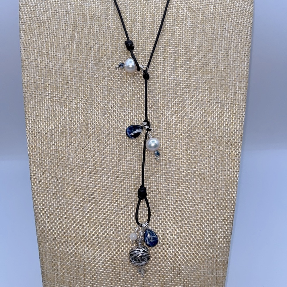 Freshwater Pearl, Blue Sodalite Teardrops, Silver Accent on Leather Neck…